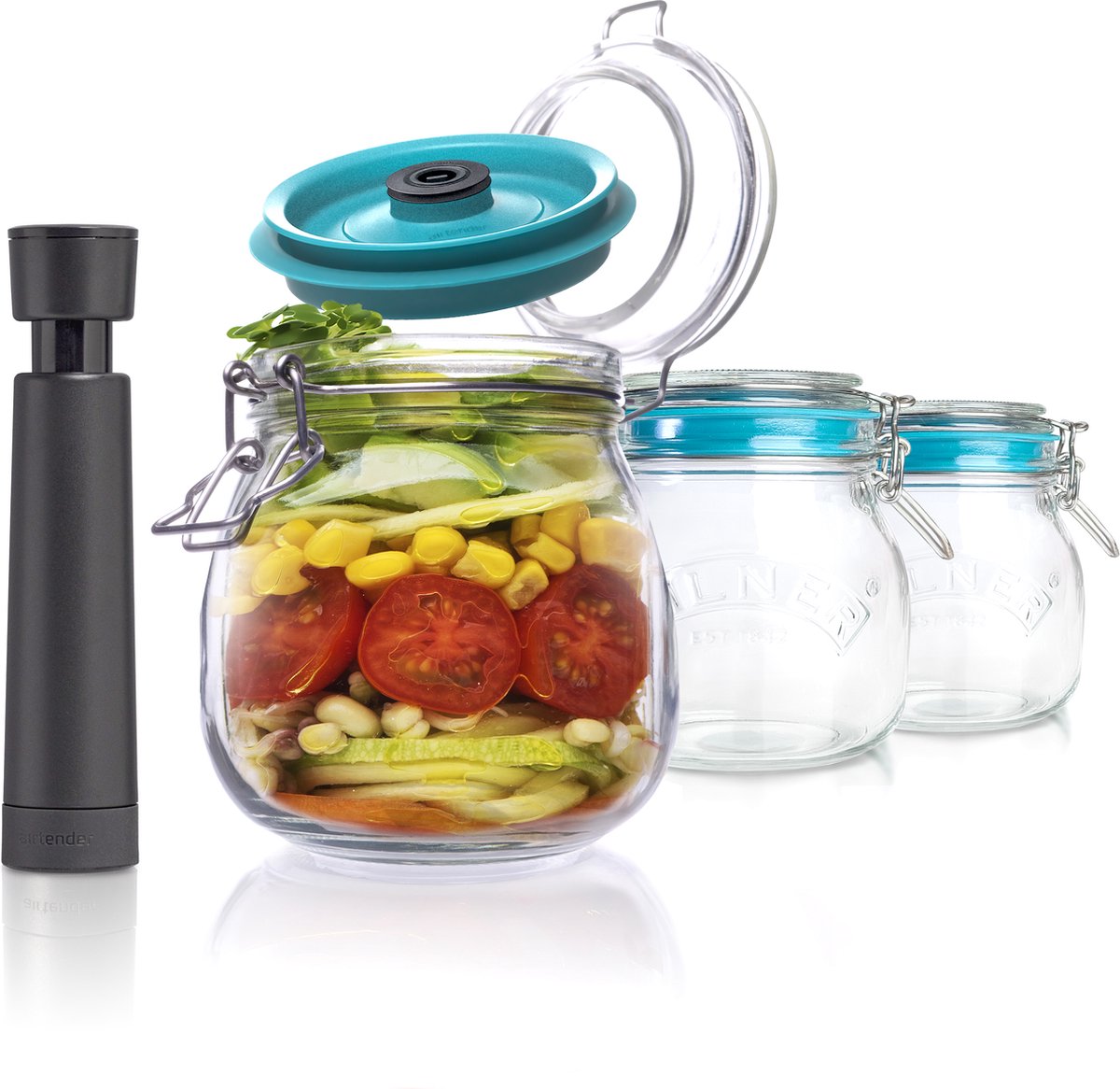 Airtender Vacuüm 0,5L Weckpotten | 3x Weckpot (500 ML) | 3x Vacuümdeksel | Vacuümpomp | Plastic vrij tot 5x langer bewaren! | O.a. voor koffie, koekjes, groente, fruit ... | De meal prep oplossing! | Alternatief voor plastic bakjes! | Made in Holland