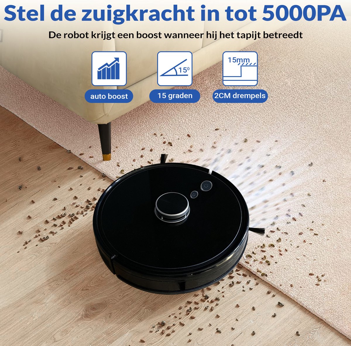 Afbeelding 3 van TONIHOMI® V8pro Robotstofzuiger Met Dweilfunctie - Robotstofzuiger met leegstation - Robotstofzuiger met laadstation - LDS Laser navigatie - Robotstofzuiger huisdieren - Dweilrobot - Zwart