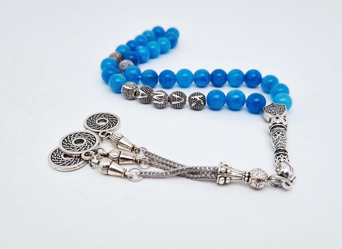 Handgemaakte naam tasbih 33 Kralen Natuursteen “ Blauwe Agaat ” - met metaal tassel “Omarmen"- Met je naam of de naam van uw geliefde- 8 mm diameter van de korrel