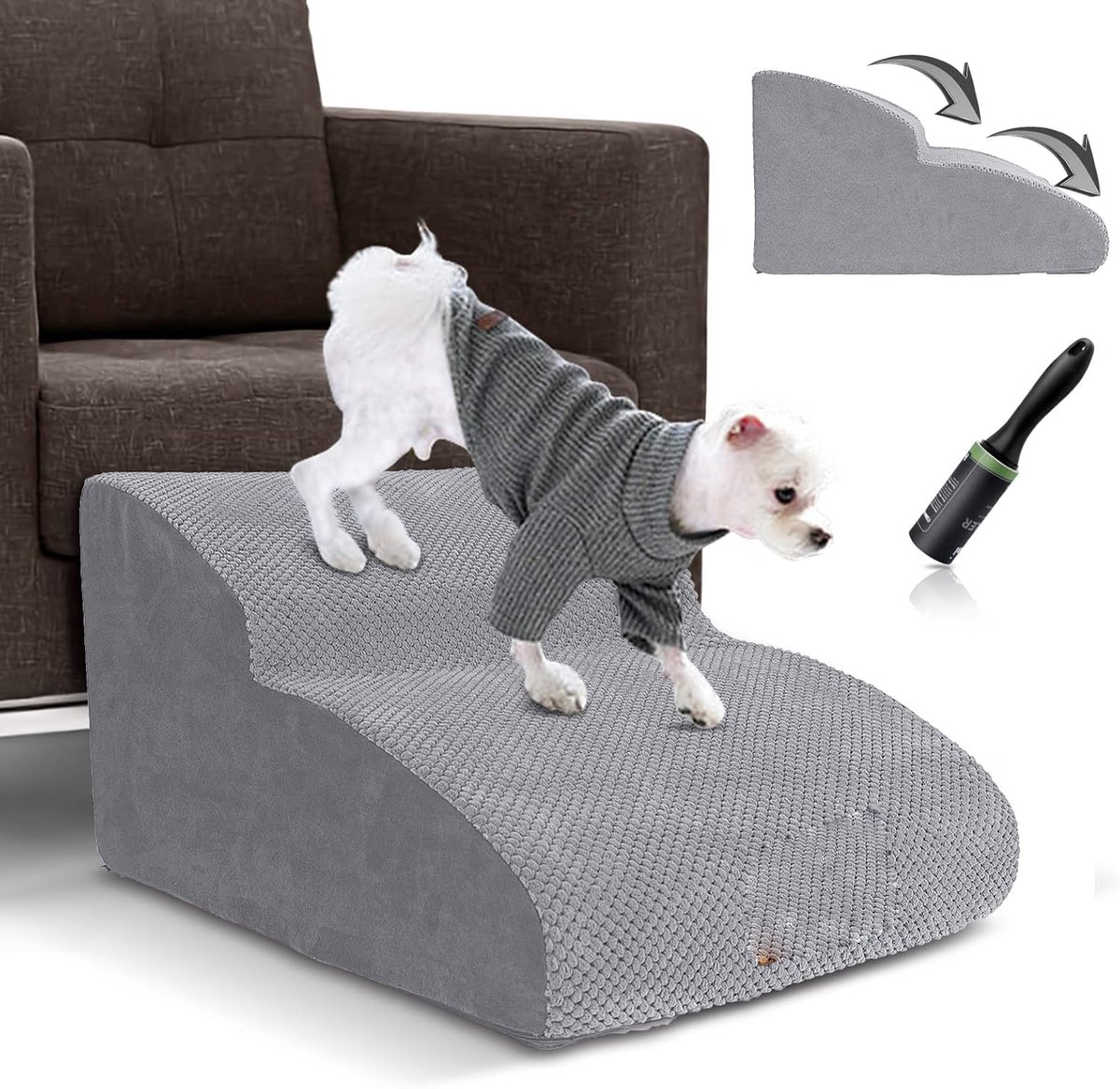 Hondentrap voor Kleine Honden - 2 Treden Hondentrap - Schuim Hondentrap voor Sofa en Bed - Antislip Oppervlak - Afneembare en Wasbare Hoes - Inclusief Lintroller