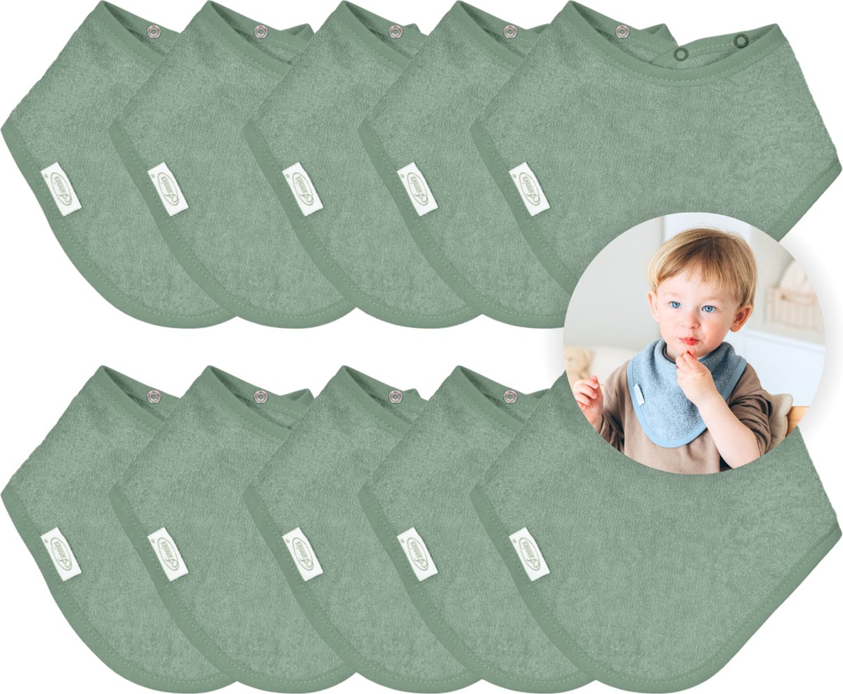 Goedkoopste Funnies Bandana Slabbetjes 10 Stuks Stone Green - Set van 10 Zachte Slabbetjes - Kwijldoekjes - Spuugdoekjes - Gemaakt van 100 Katoenen Badstof - Absorberend, Zacht en Makkelijk Wasbaar - Ideaal voor Baby’s bij Voeden, Kwijlen en Spugen