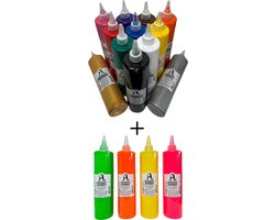 Südor Textielverf set 16 x 500 ml(10 normaal + 2 metallic + 4 neon). Wasbestendige textielverf voor lichte stoffen. Wasmachinebestendig, wasbestendig. Fixatie door strijken