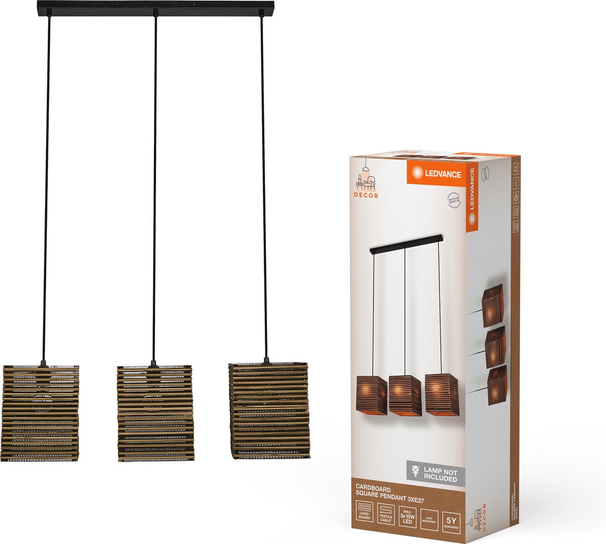 LEDVANCE hanglamp 3-lamps Decor Cardboard Vierkant bruin van golfkarton, E27, 830 mm lengte, lampenkap van gerecycled materiaal, duurzaam dankzij vervangbare lichtbron, eenvoudig te installeren