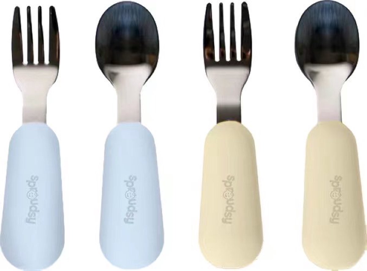 Goedkoopste Sproudsy Kinderbestek - Baby - 2 Baby Lepeltjes en Vorkjes - Baby Bestek - BPA-Vrij - RVS - Lichtblauw Beige