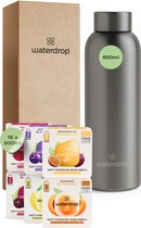 waterdrop® Starter Set Métal - 1 Thermos 600 ml + 18 Microdrinks - 6 saveurs - sans sucre