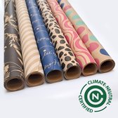 Luxe Inpakpapier 6 rollen Kraft - Duurzaam - FSC & Plasticvrij - Klimaat neutraal gecertificeerd - Cadeaupapier Kraft - 200x70cm - Verjaardag - Goud Zwart Blauw Rood Groen - Assorti