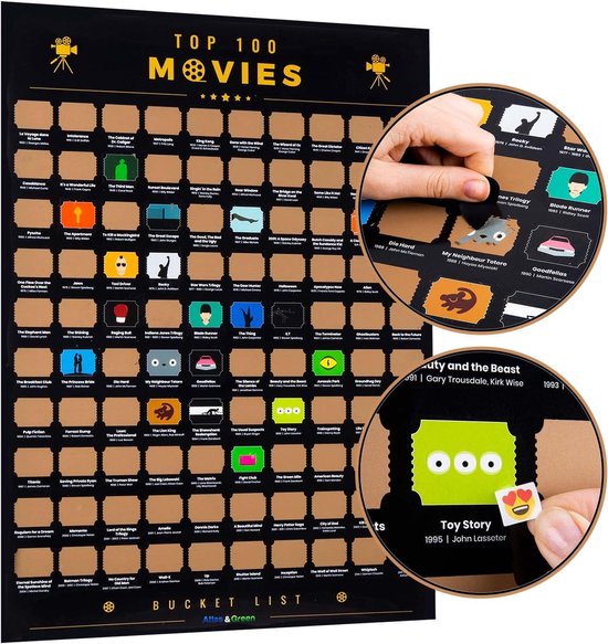 Gros plan d'une affiche de film à gratter. Un doigt gratte la section 'Toy Story', révélant l'icône de l'alien et un emoji souriant.