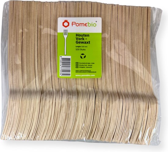 Verpakking met 100 PomeBio houten vorken, 160 mm, gewaxt.