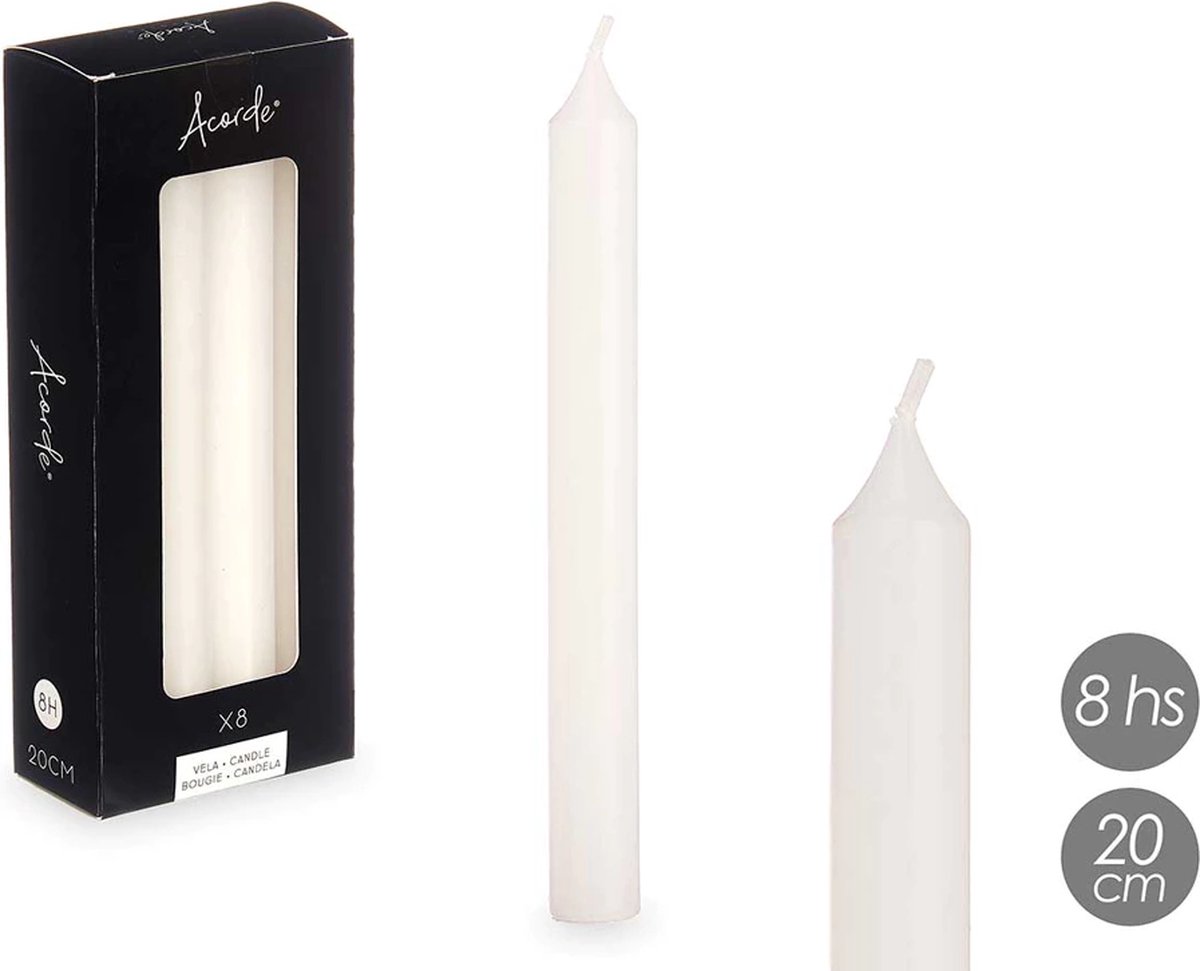 Acorde - Kaarsen - Wit - 4 x 6 x 15 cm - +/- 8 Branduren - Zeer Luxe Geurloze Kaarsen - Woondecoratie - Kerst - Feestdagen - Set 8 Stuks!!!