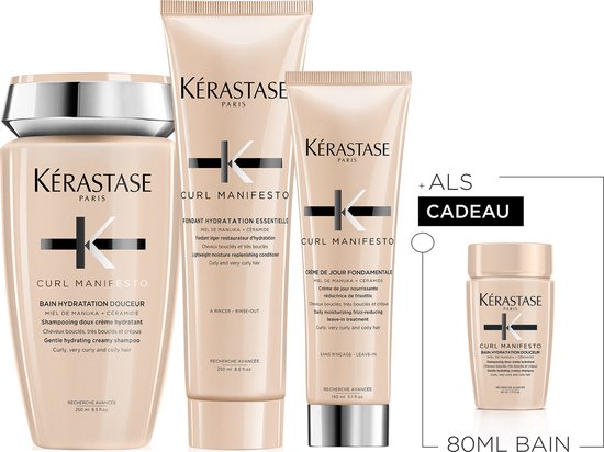 Kérastase Curl Manifesto Trio Hydratant + Cadeau - Shampooing 250 ml, Après-Shampooing 200 ml & Crème sans rinçage 150 ml + Shampooing 80 ml Cadeau - Pour des boucles hydratées et résilientes