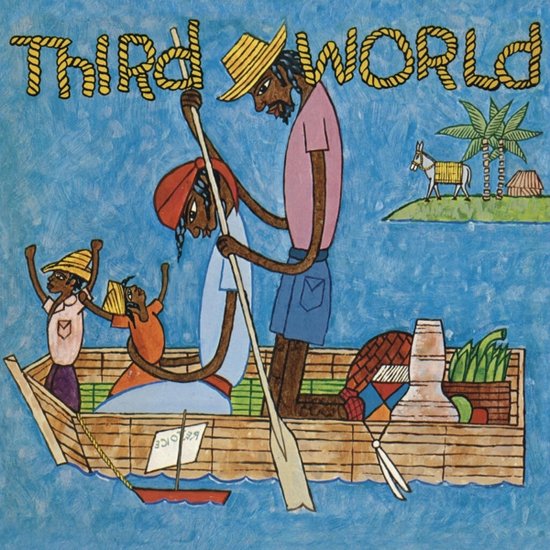 Illustratie van een boot met vier personen en 'Third World' in touwletters erboven.