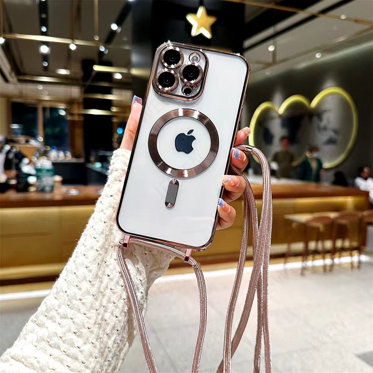 iPhone 12 Pro Max Magsafe Silicone Hoes met Koord / Touwtje - Rose Goud