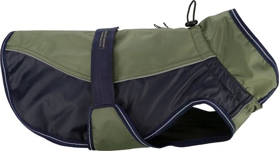 Groene en donkerblauwe hondenjas met reflecterende bies en trekkoord.