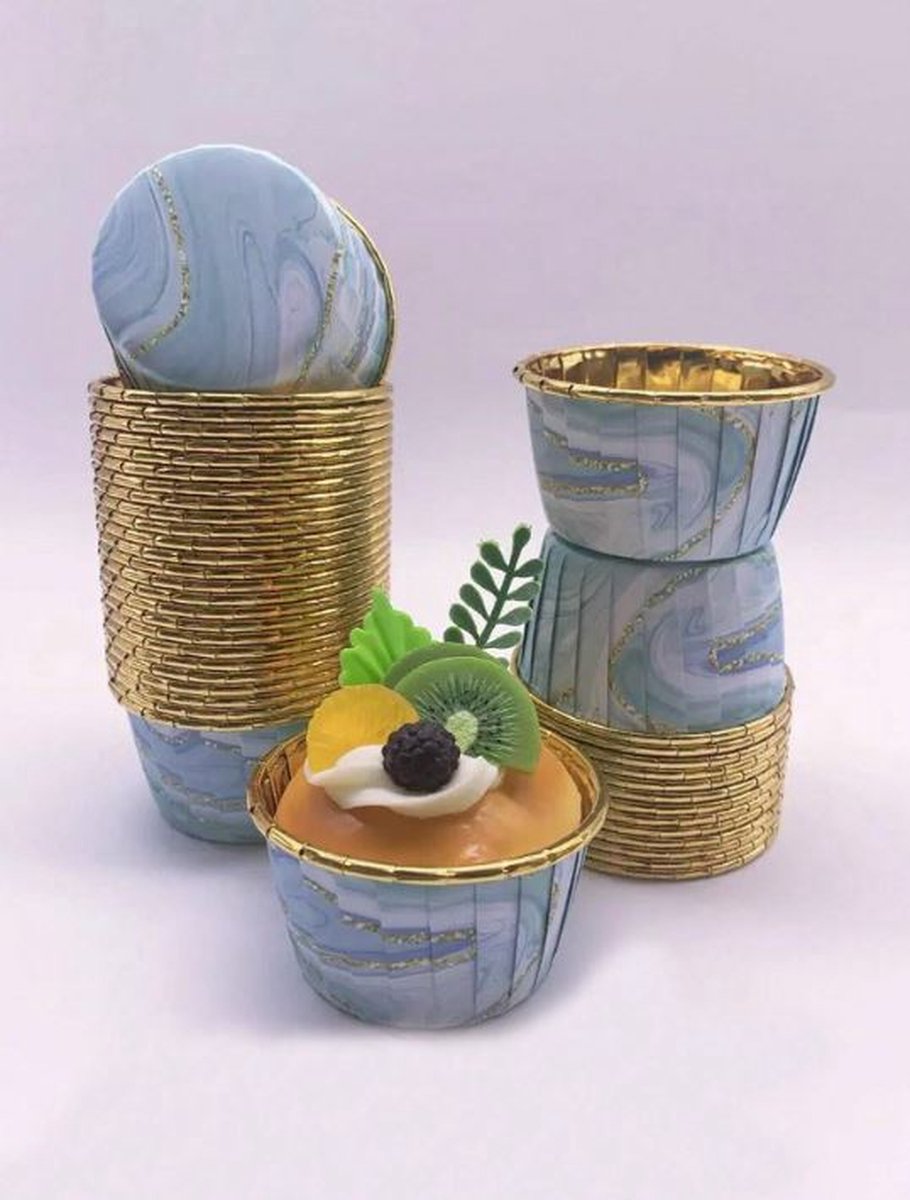 30 Stuks Muffin Cupcake Bakvormen – Luxe Papieren Bak Vormpjes – Blauw / Goud / Marmer