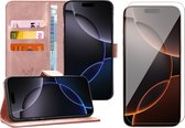 Hoesje geschikt voor iPhone 16 Pro Max - Screenprotector Glas - Portemonnee Book Case Rosegoud