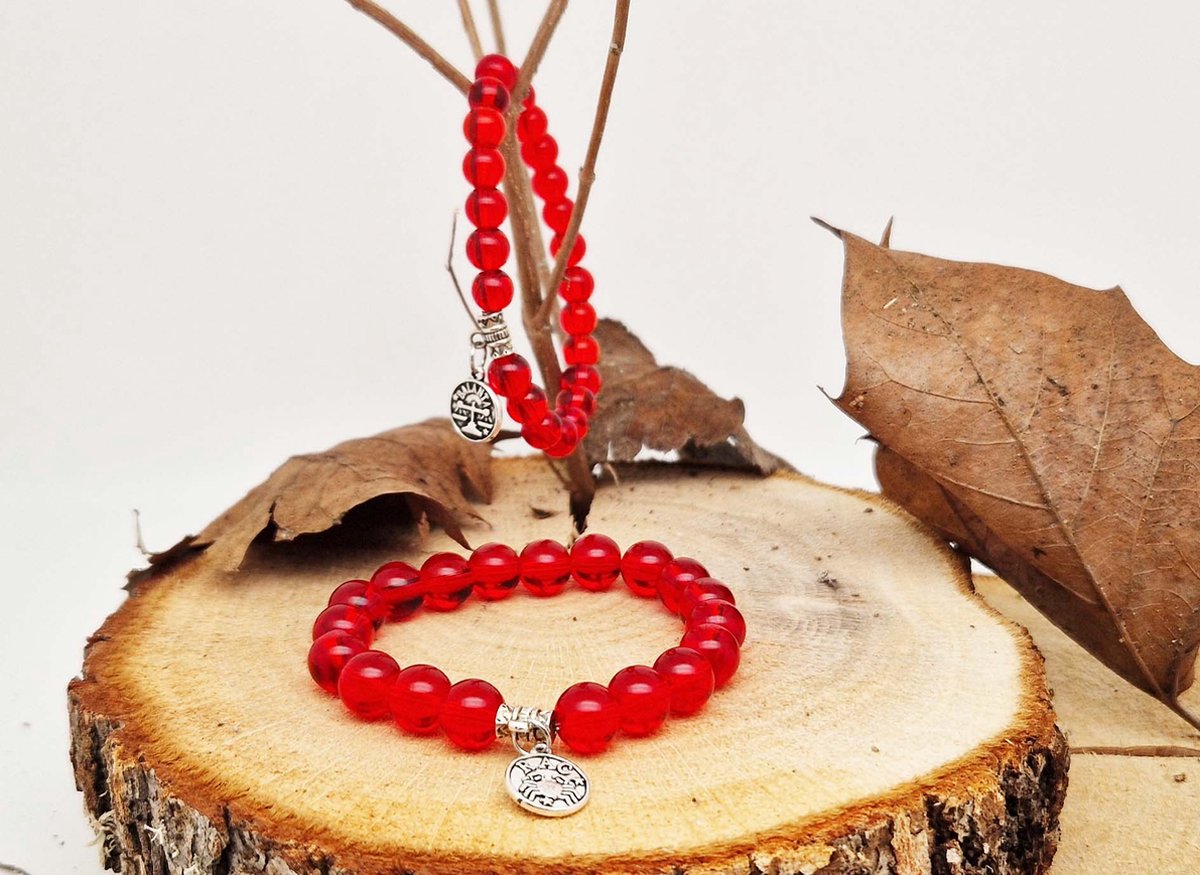 Handgemaakte natuursteen Geluksarmband met hanger "Astrologische Symbolen " Rode kwarts " -8 mm diameter van de korrel- Diameter armband 20 cm - Kies je favoriete Astrologische Symbolen - Een mooi cadeau voor familie en vrienden