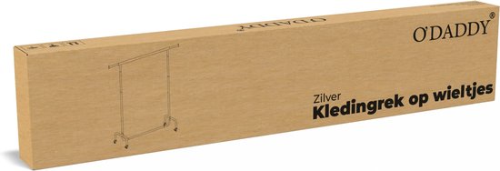 Een zilveren kledingrek op wieltjes in een O'DADDY verpakking.