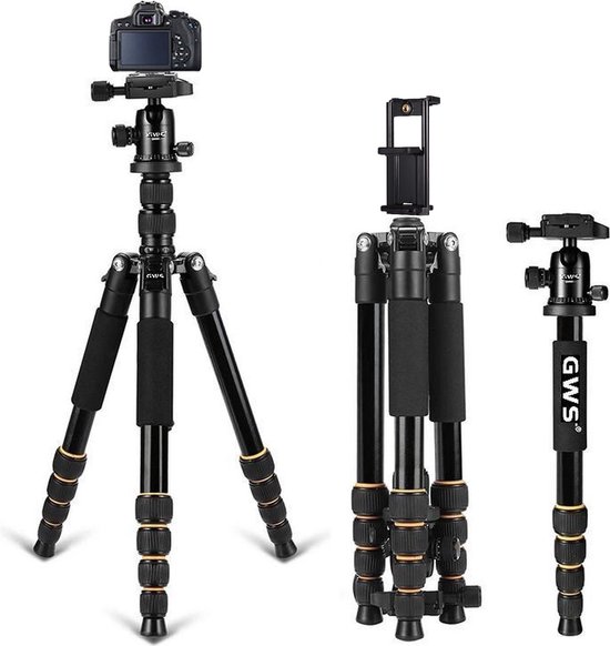 GWS Q666 Professioneel Tripod & Monopod Camerastatief – Aluminium 156cm – Zwart