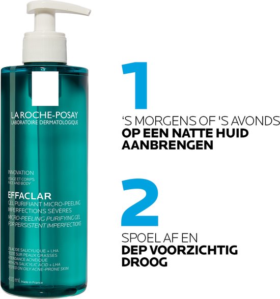 Stap 1: La Roche-Posay Effaclar micro-peeling zuiverende gel 's morgens of 's avonds op een natte huid aanbrengen. Stap 2: Afspoelen en voorzichtig drogen.