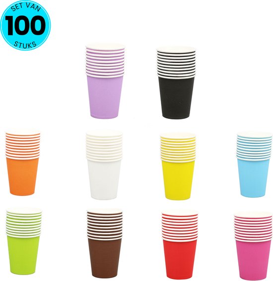 Somstyle Wegwerp Bekers 250 ML Set - 100 Stuks - Kartonnen Wegwerpbekers - Feestartikelen - Multicolor