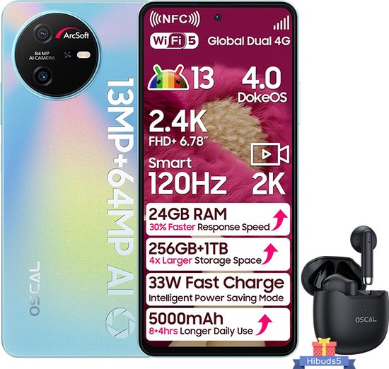 Oscal Blackview Tiger 12 6,78 inch 24 GB + 256 GB / SD 1 TB 64 MP camera 5000 mAh Android 13 NFC Dual SIM GPS Blauw met Hibuds5 zwart