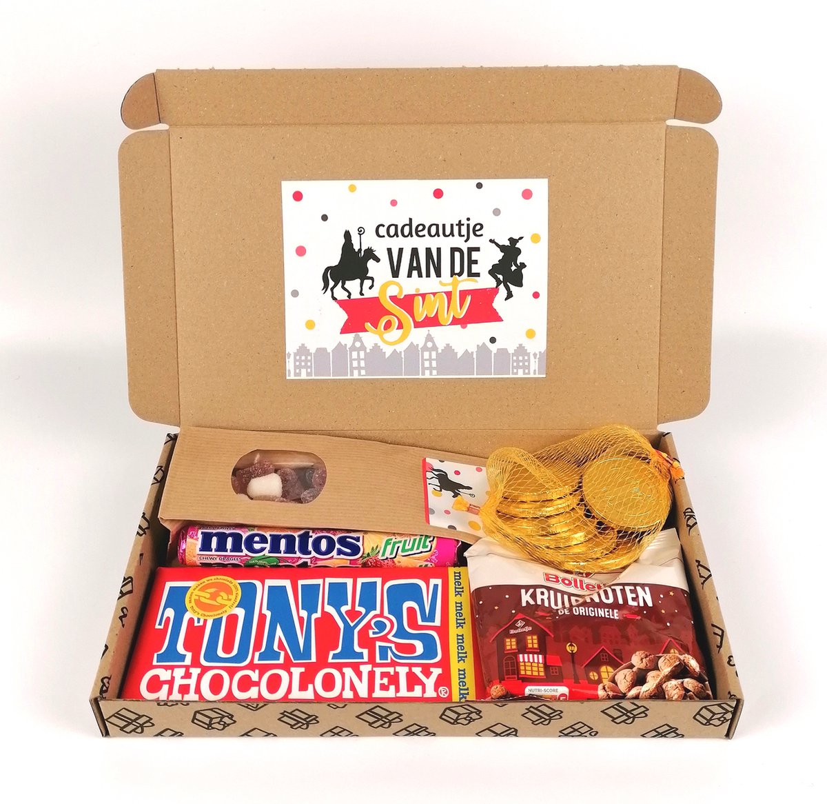 Sinterklaas cadeau - brievenbuspakket - cadeautje van de Sint - Bolletje kruidnoten - chocolade munten - tum tum - Mentos - Tony chocolonely - Sinterklaas