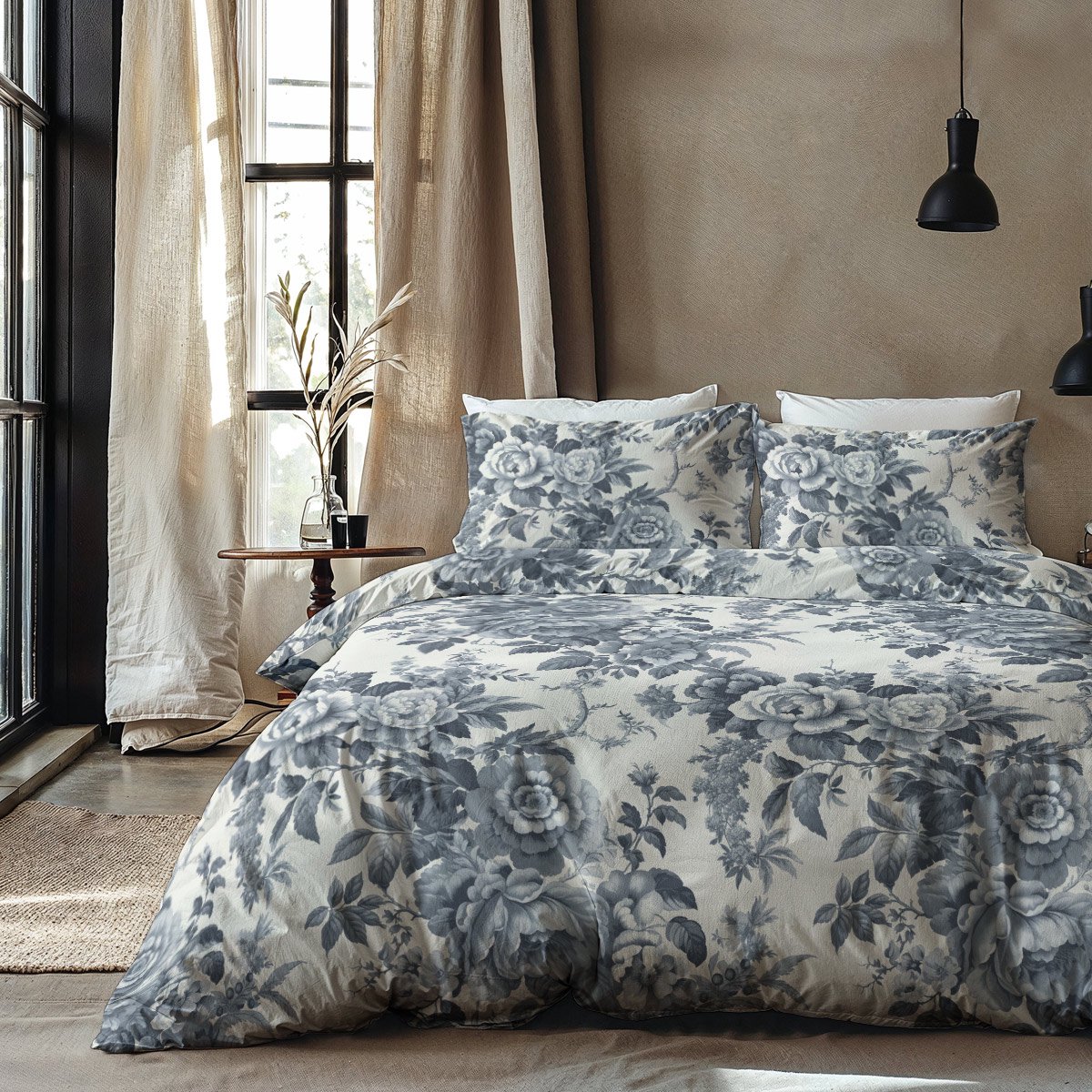 Katoenen Flanellen Dekbedovertrekset Indigo Flowers - 240x220 + 2*60x70cm