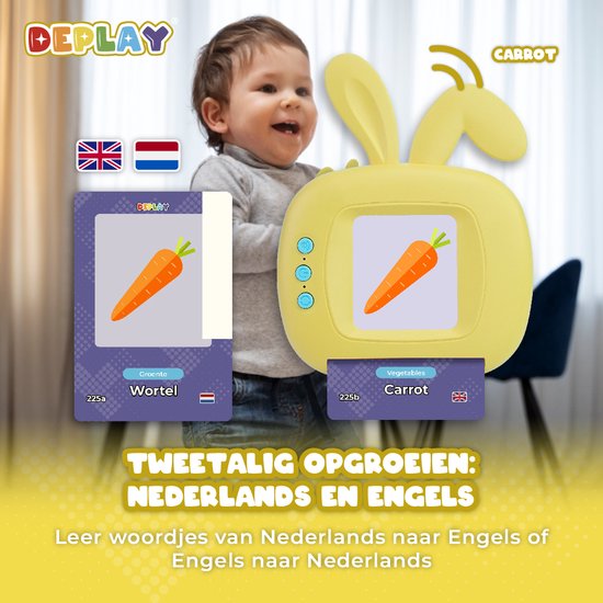 Baby lacht naar gele praat-tv met konijnenoren. Kaart en scherm tonen een wortel.