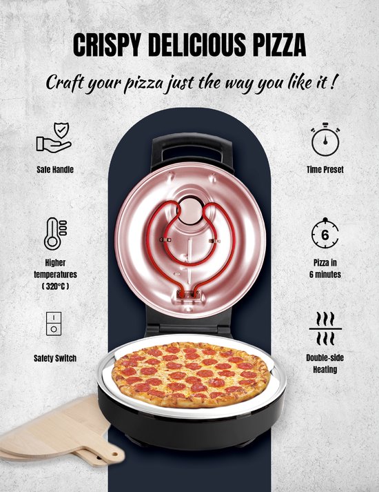 Bestron Turbo Pizzaoven voor pizza's in 5-10 minuten, elektrische pizzaoven met echte maximumtemperatuur van 320°C, inclusief pizzasteen en 2 grote houten spatels, Black Label, kleur: Matzwart — afbeelding 4