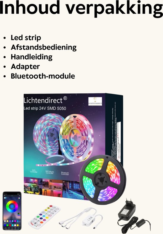 Lichtendirect-LED Strip - 20 meter - RGB verlichting - dimbaar - met afstandsbediening- Bluetooth - zelfklevend-Led light strip | Led lights | Led strips | Ledstrip