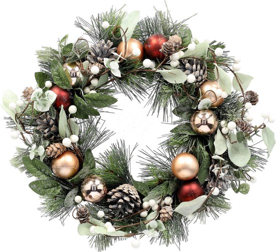 24 inch kerstkrans met licht, kunstmatige krans voordeur krans met kerstballen dennenappels kerstster bloemen boog rendier, voor kerst opknoping ornament decoratie, rood wit