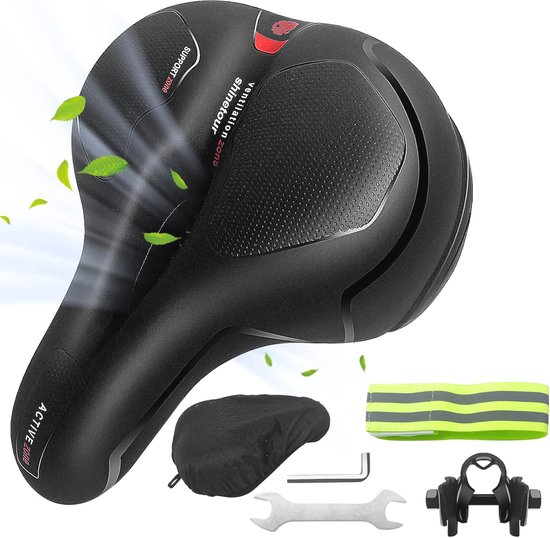 all-around24 Fietszadel, comfortabel, breed, dames, heren zwart, type e-bike, ergonomisch, schokabsorberend, ademend, waterdicht, comfortabel fietszadel, eenheidsmaat 1