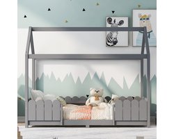 Gutent Kinderbed, Grijs (Zonder matras) , 90x200 cm, Multifunctioneel Houten kinderbed voor jongens en meisjes, huisstijl, met valbeveiliging en lattenbodem