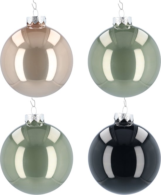 Boules de Noël en Verres - Décorations de Noël - 100mm - Genévrier (Différentes couleurs) - Balles en verre pour le sapin de Noël ! - 4 pièces - Vert - Argent - Blauw/ Bleu foncé