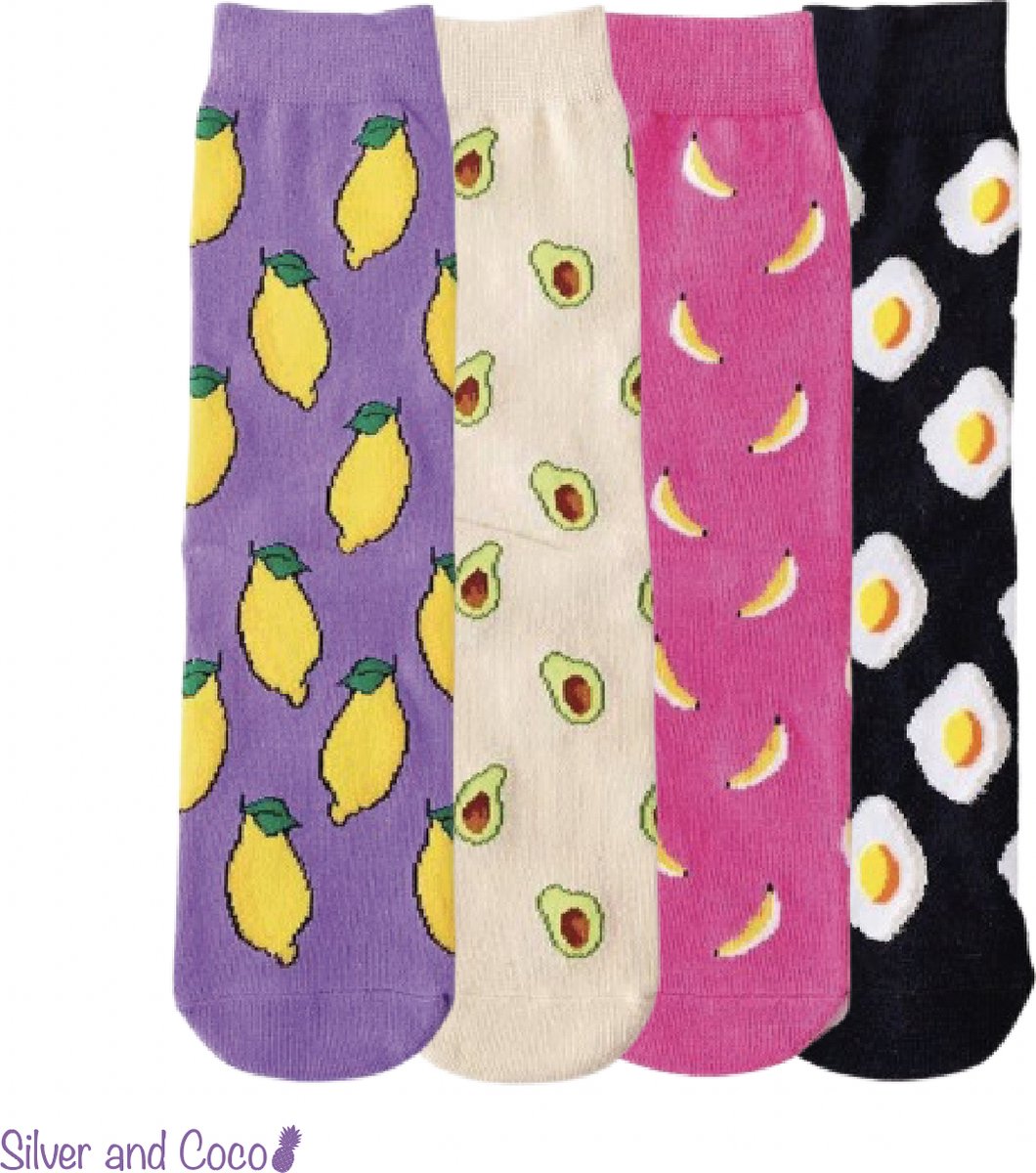 SilverAndCoco® - 4 Paar Sokken / Avocado Banaan Ei Citroen / Gekke Vrolijke Foute Happy Sokken voor Volwassenen / Leuke Grappige Dikke Warme Heren Vrouwen Socks / Verjaardag Sok Outfit Katoen / Mannen Vrouwen Kerst Cadeau - Eieren Bananen Citroenen