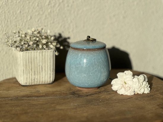 Hemelblauwe keramische pot met deksel, krakelglazuur en gouden ring. Naast een wit bakje met droogbloemen.
