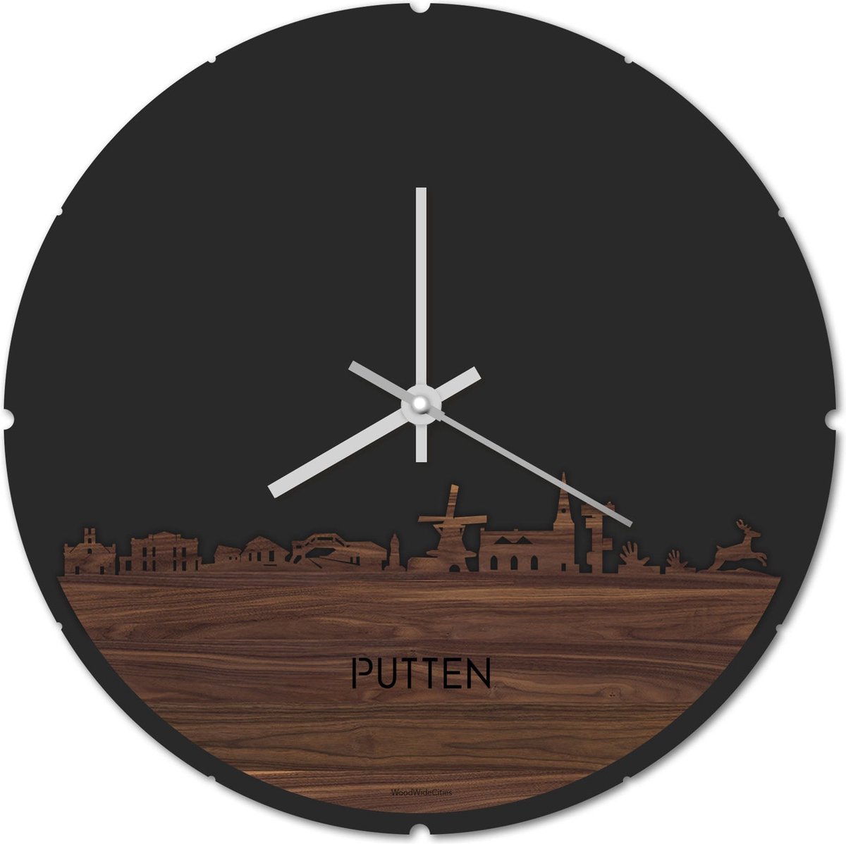Skyline Klok Rond Putten Notenhout - Ø 44 cm - Stil uurwerk - Wanddecoratie - Meer steden beschikbaar - Woonkamer idee - Woondecoratie - City Art - Steden kunst - Cadeau voor hem - Cadeau voor haar - Jubileum - Trouwerij - Housewarming -