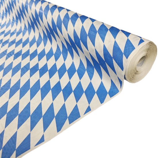 Tafelrol met blauw-witte ruitenpatroon, opgerold.