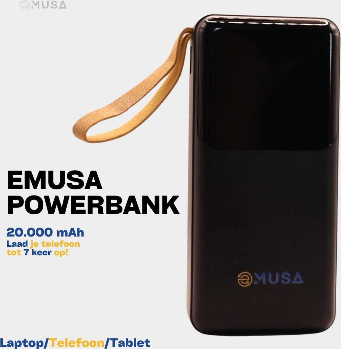 EMUSA Powerbank 20.000 mAh - Snelladen USB-C & USB - Ingebouwde Kabels voor iPhone Samsung en Android (Lightning/Micro-USB/USB-C/USB)
