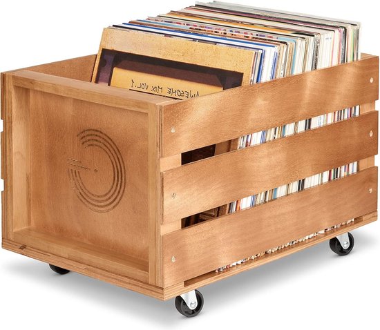 Retro Musique wooden 12 LP vinyl opbergbak voor maximaal 100 albums op wielen (PVC mouw) Hesse stoffen cover bevat 40 vinyl platen jassen (witte afwerking wassen