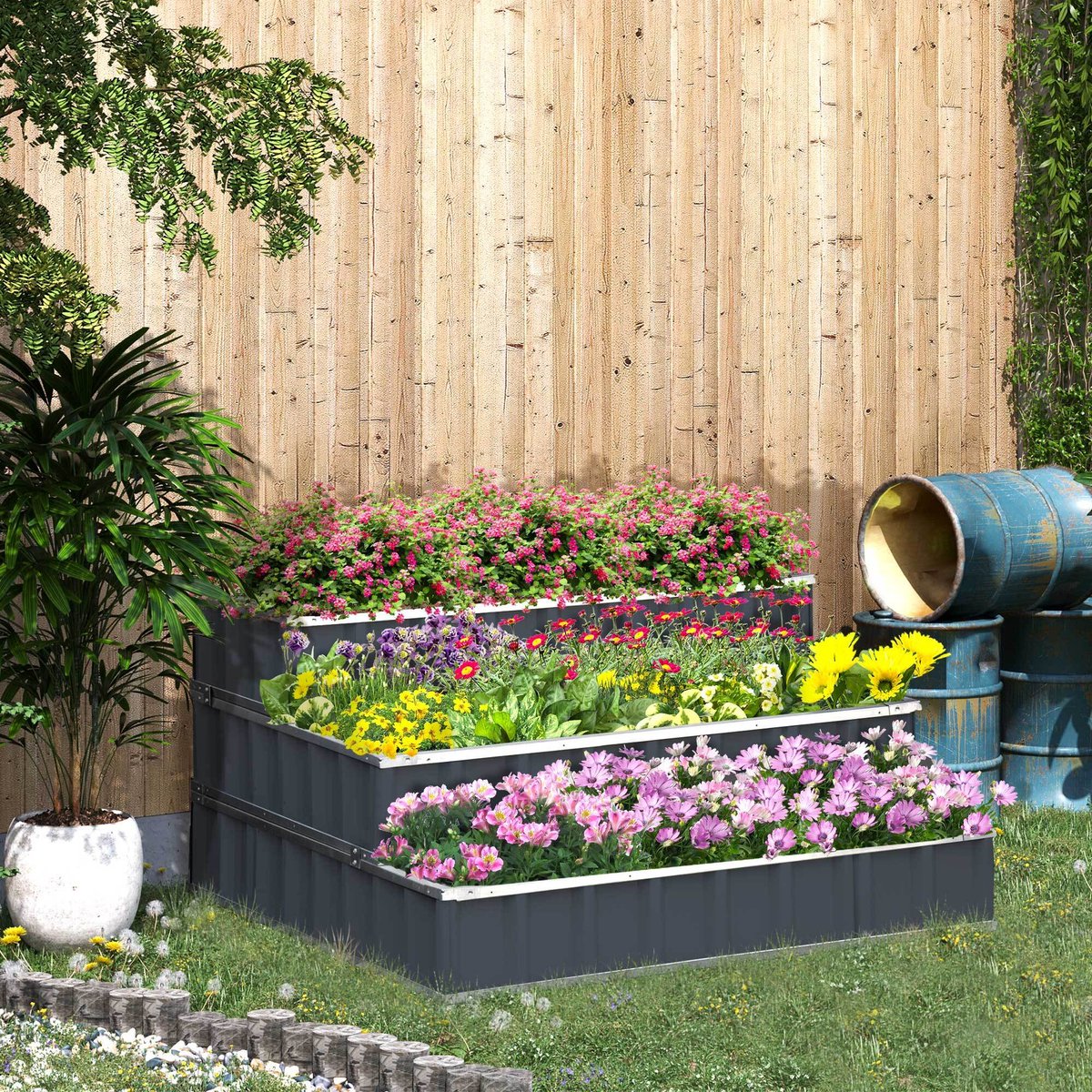 Outsunny verhoogde plantenbak met trellis, metalen plantenbak met