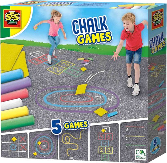 Foto: Ses stoepkrijt spellen 5 in 1 creatief buiten spelen set van 6 kleuren stoepkrijt met 2 pittenzakjes instructies voor 5 verschillende spellen