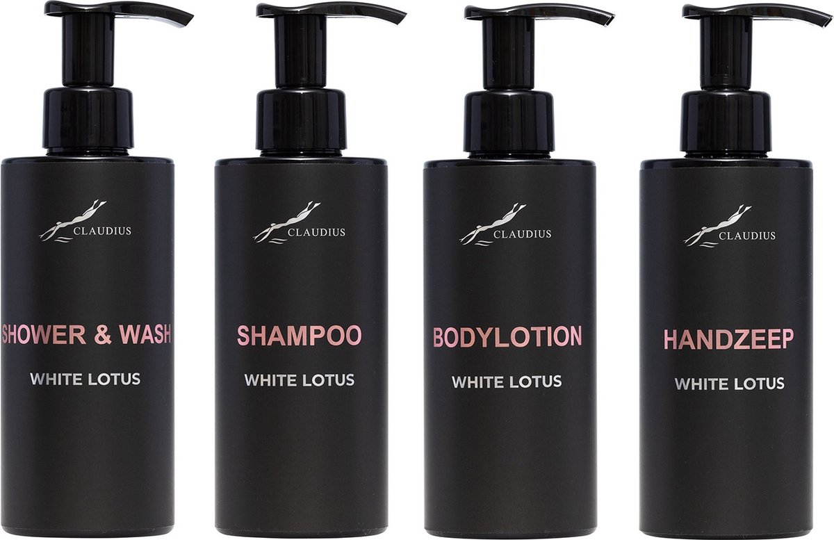 Goedkoopste Compleet pakket White Lotus - Shower & Wash Shampoo Bodylotion Handzeep - 300 ml per fles - complete set van 4 stuks - bodycare - luxe fles - Cadeau