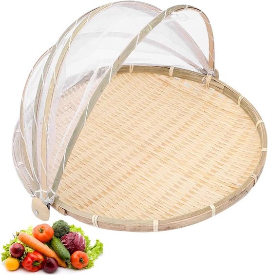 Foto: Tent mand picknickmand bamboe vliegenkap voedsel anti vliegen insect net fruit groente dienblad camping picknick draagbare opbergmand