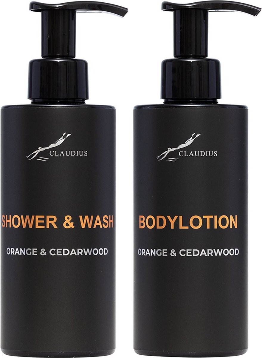 Goedkoopste Douchepakket Sweet Orange & Cedarwood - Shower & Wash Bodylotion - 300 ml per fles - bodycare - luxe fles - set van 2 stuks - Cadeau