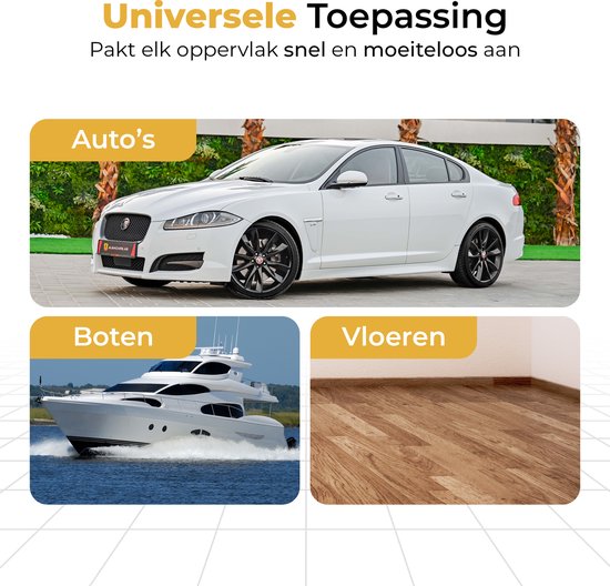 Afbeeldingen van een witte Jaguar auto, een witte luxe boot en een houten vloer. Universele toepassing: pakt elk oppervlak snel aan.