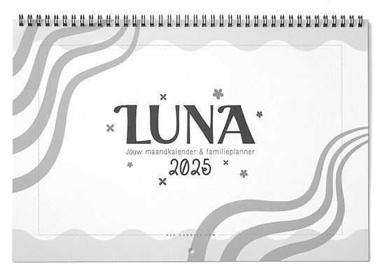 Foto: Luna familieplanner 2025 xl maandkalender zwart wit gezinsplanner a3 groot maandoverzicht zes personen