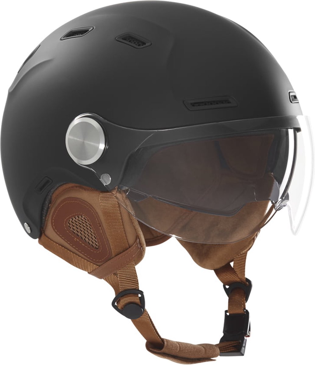 SR fietshelm met ingebouwd zonnevizier - Fietshelm met kort helder vizier en getint zonnevizier - Unieke Vintage Helm met bruine voering - Chique trendy fietshelm - Matzwart - Maat M (55 t/m 58cm hoofdomtrek)