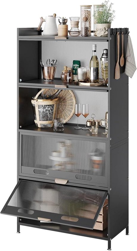 Étagère de cuisine en acier inoxydable à 5 niveaux avec roulettes et pieds - Armoire à micro-ondes noire Vintage avec portes exposées