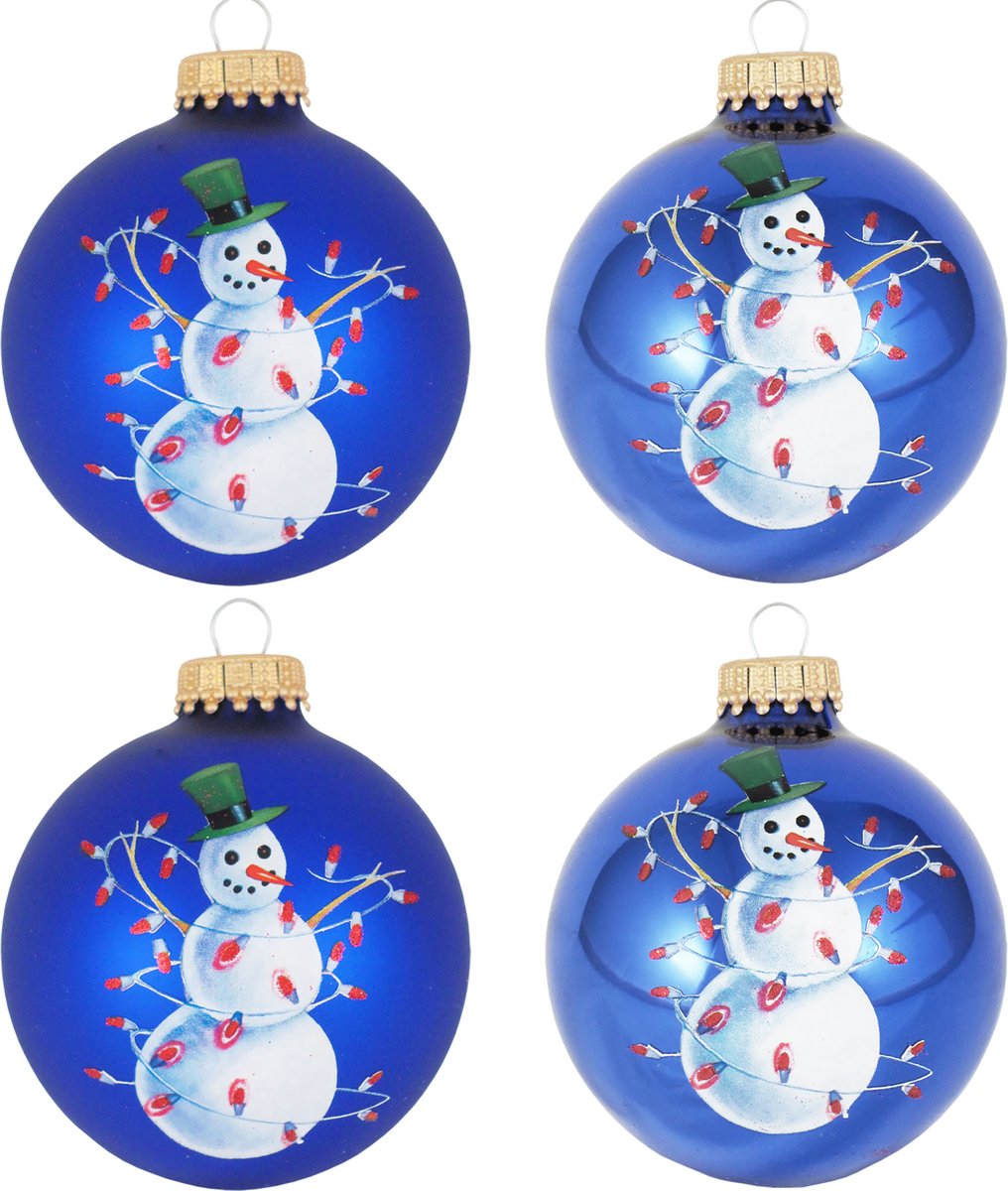 Krebs Kerstballen - 4x st - blauw - sneeuwpop - D7 cm - glas - kerstversiering